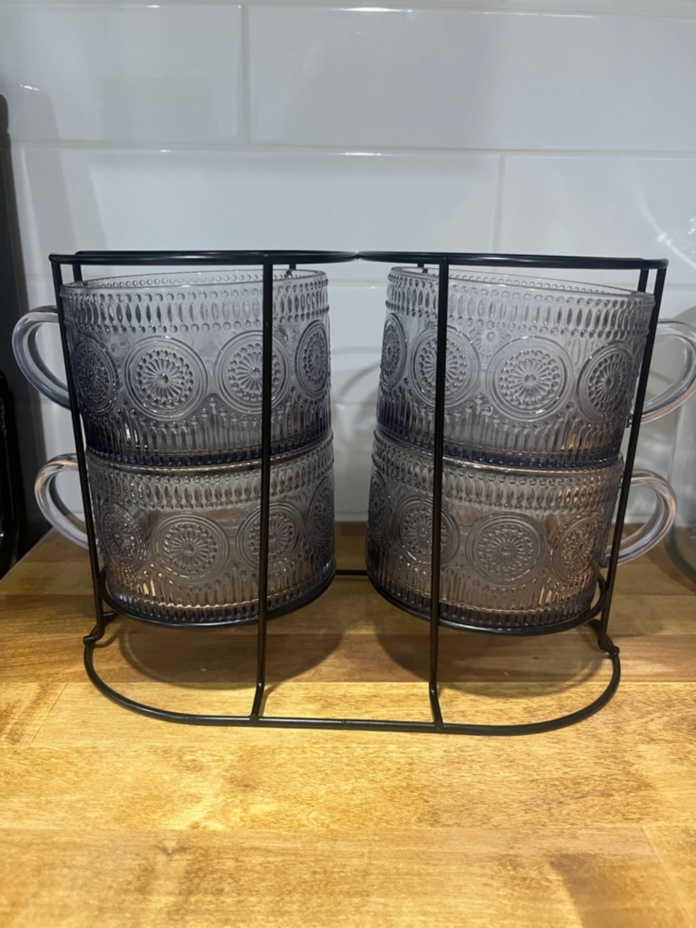 Set of 4 Embossed Glass Mugs with Black Metal Holder - Smoky Gray